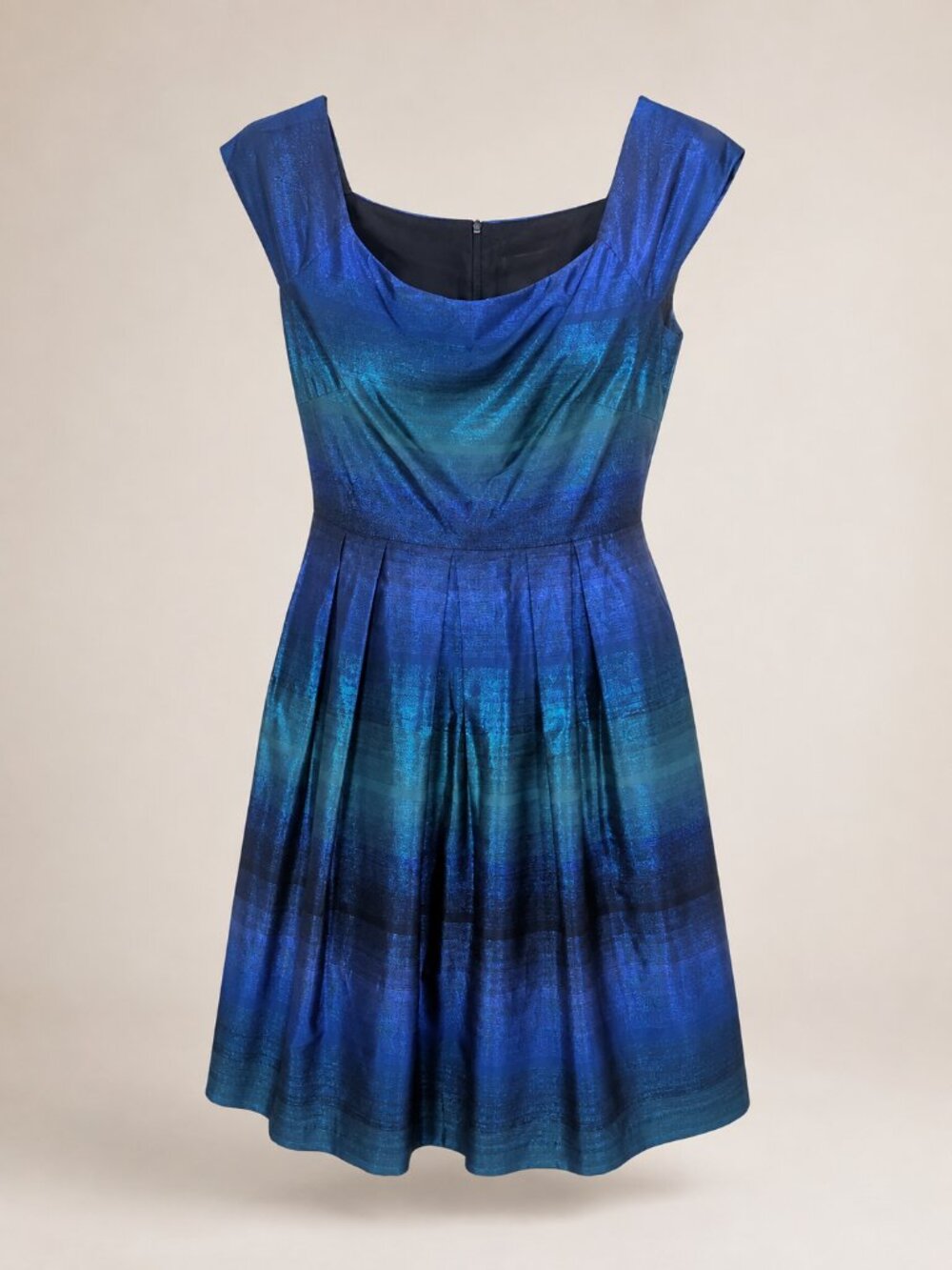 J. Taylor Blue Metallic Fit & Flare Cocktail Dress Size 12 Pleated Shimmer Party